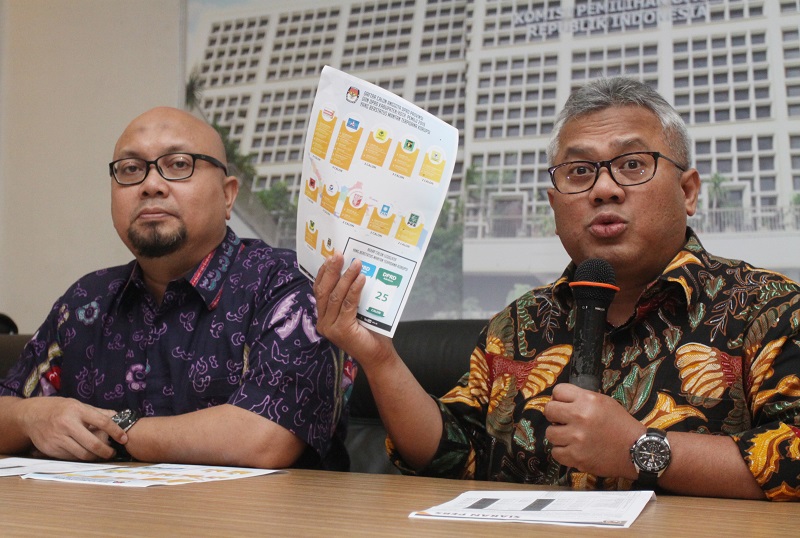 Ketua KPU Arief Budiman (kanan) bersama Komisioner KPU Ilham Saputra (kiri) menunjukkan berkas Caleg berstatus terpidana korupsi saat mengumumkan data terbaru nama calon legislatif (caleg) dengan status mantan terpidana korupsi yang berpartisipasi pada Pemilu 2019 di Gedung KPU, Jakarta, Selasa (19/2/2019). KPU kembali mengumumkan sebanyak 32 nama caleg dengan status mantan terpidana korupsi yang berpartisipasi pada Pemilu 2019. ANTARA FOTO/Reno Esnir/pd.